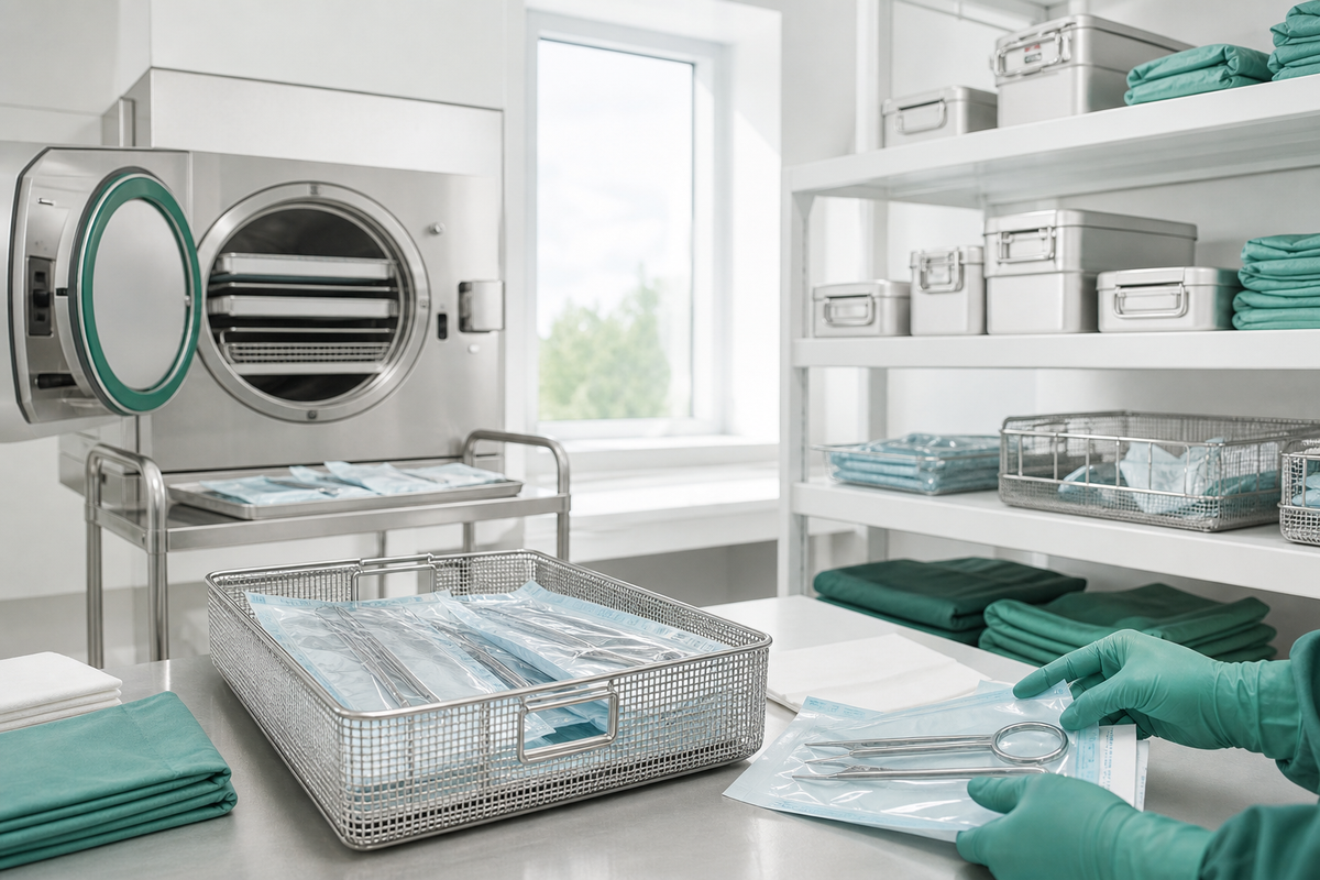 Sterilt sterilisatorrum med autoklav, märkta hyllor och vårdpersonal i arbetsflöde