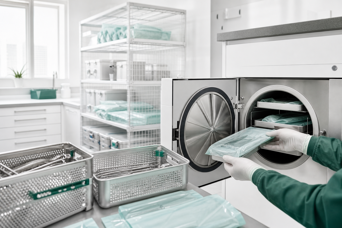 Sterilt sterilisatorrum med autoklav på bänken, märkta hyllor och vårdpersonal i arbetsflöde