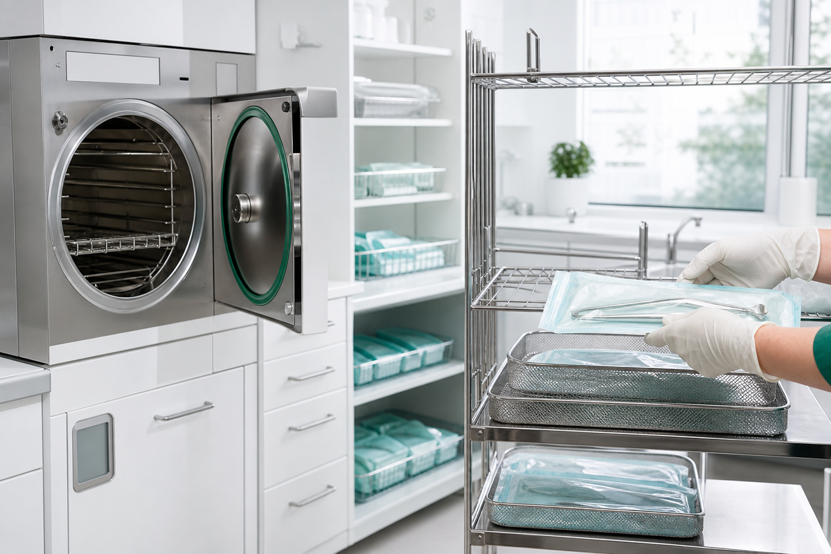 Sterilt sterilisatorrum med autoklav, märkta hyllor och vårdpersonal i arbetsflöde