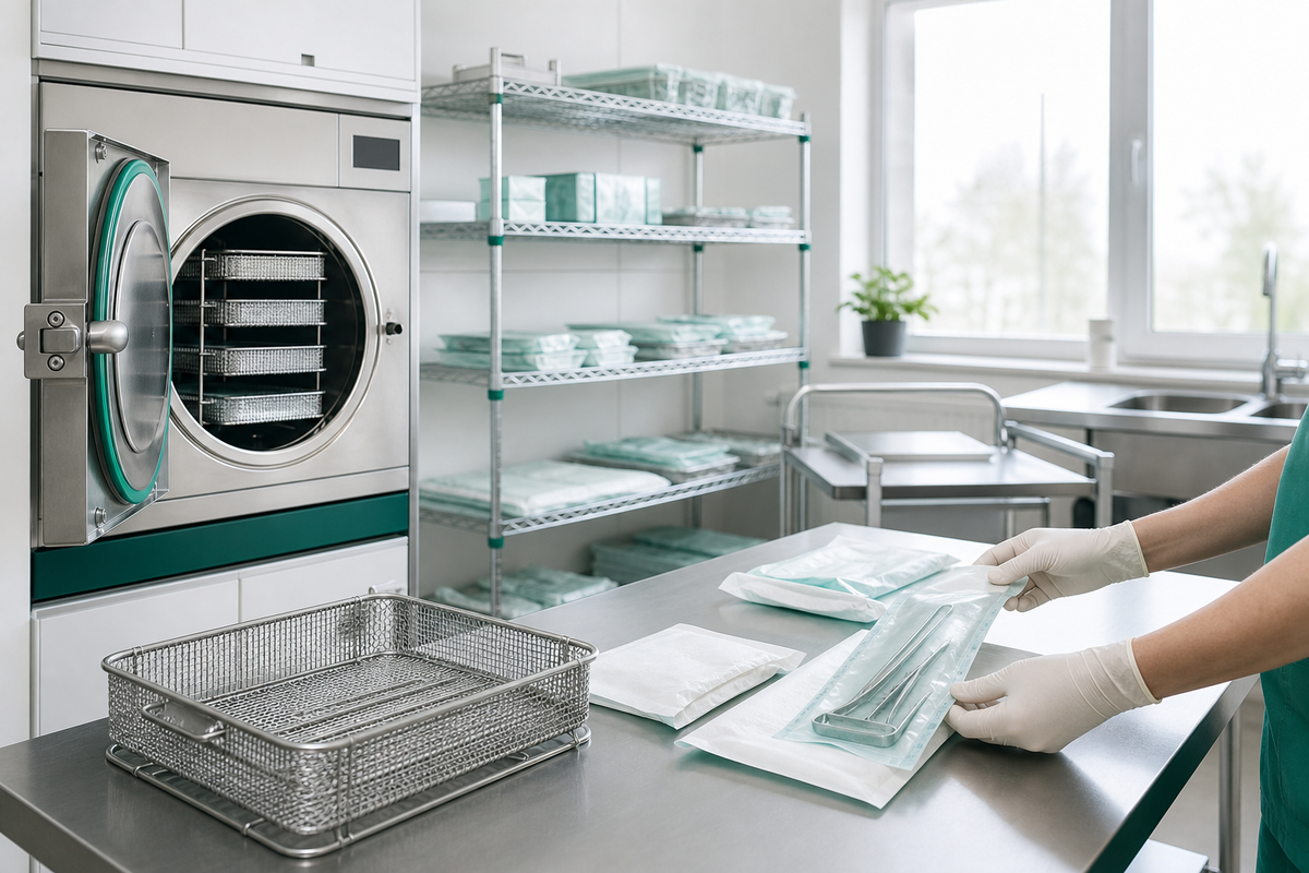 Sterilrum på klinik med bordsautoklav på bänken, märkta hyllor med förpackat gods och vårdpersonal i arbete.