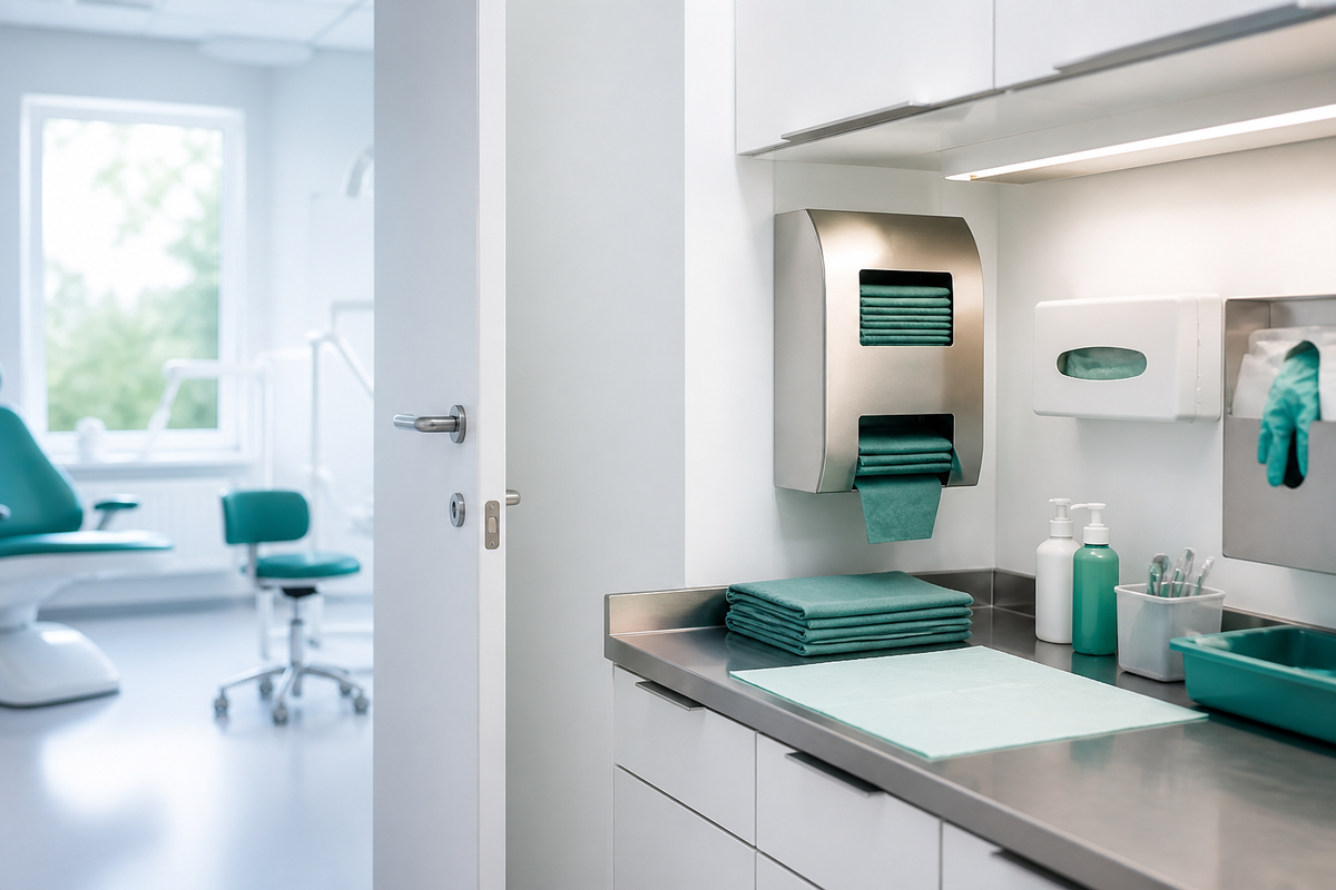 Redaktionell AI-bild som visar bytzon med engångsförkläden nära klinikdörr och arbetsbänk.