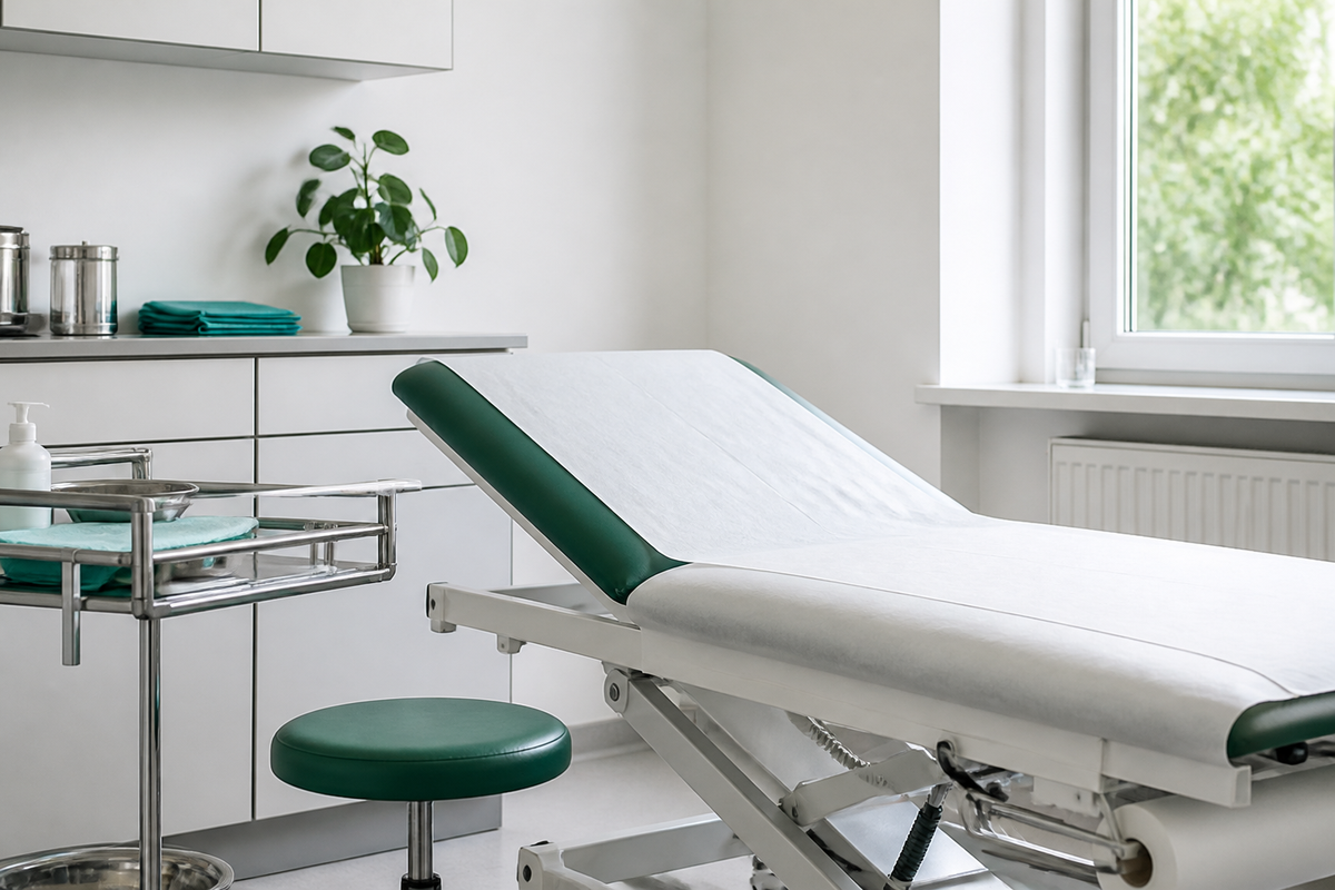 Undersökningsrum med en behandlingsbrits klädd med vitt engångslakan, i ljus och ren klinikmiljö
