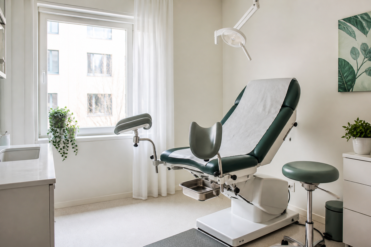 Avskild gynekologdel med behandlingsstol och lugn klinikmiljö