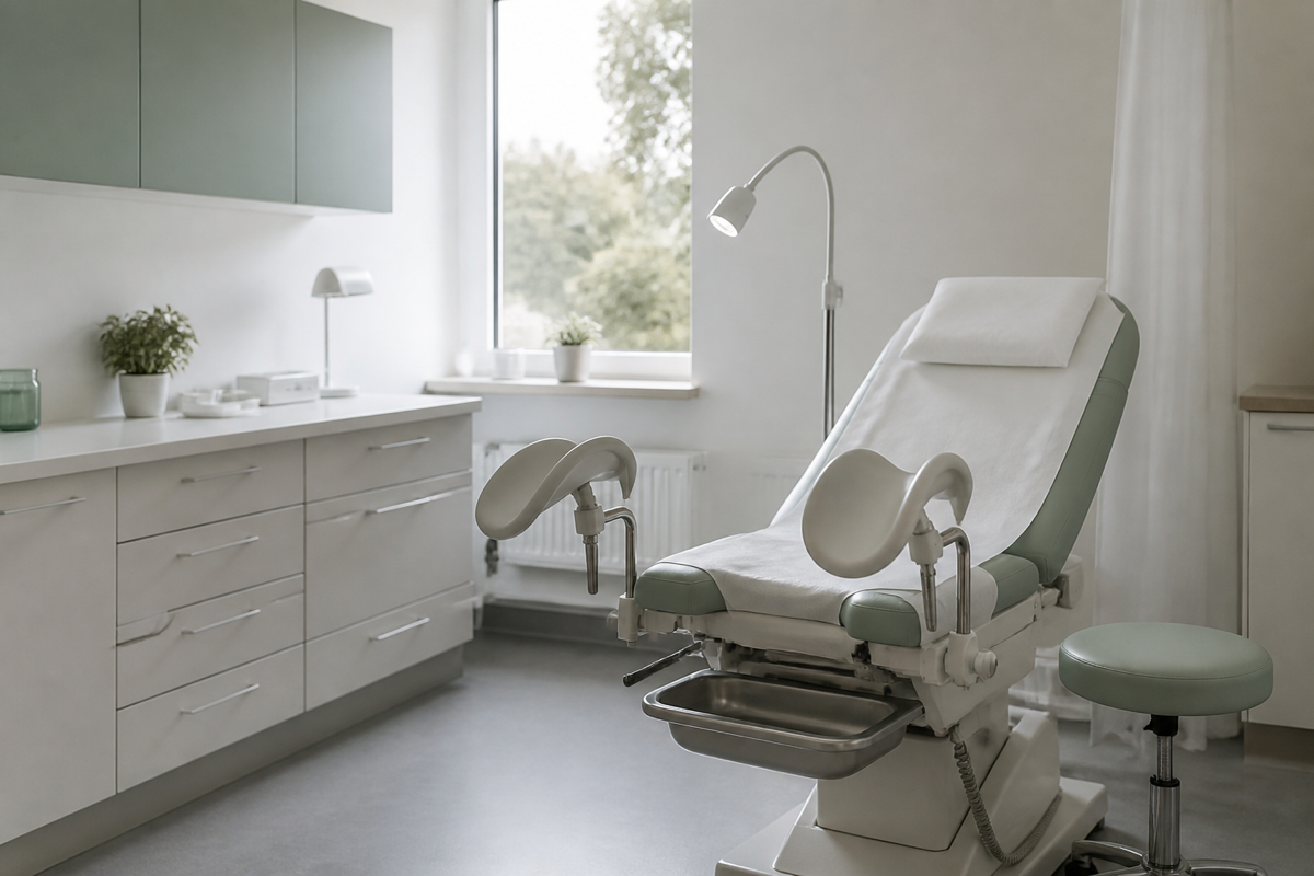 Avskild undersökningsdel med gynekologstol och fri gångyta runt stolen