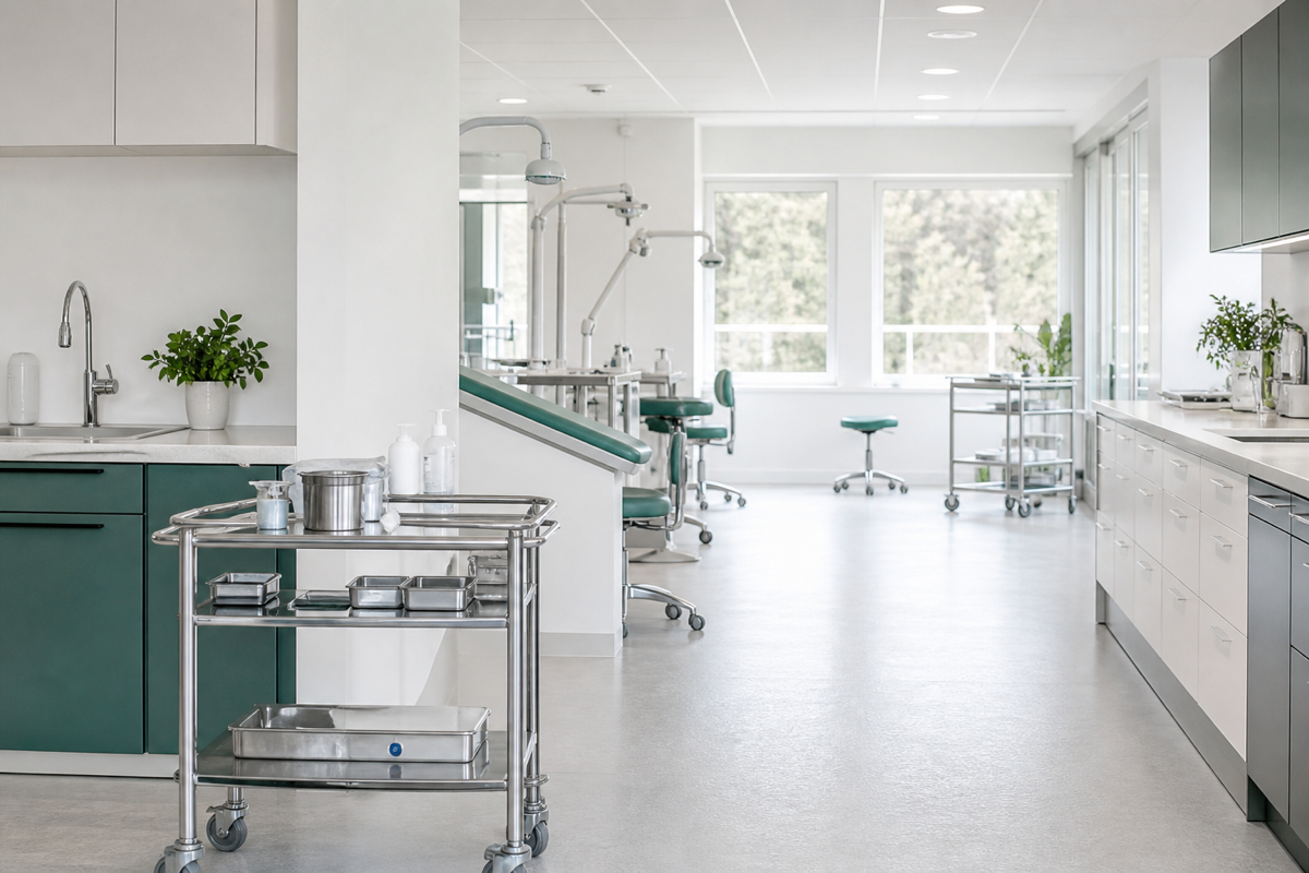 Ljust behandlingsrum på morgonen med öppen behandlingsyta, ordnade instrumentvagnar och en klinisk arbetsyta i bakgrunden