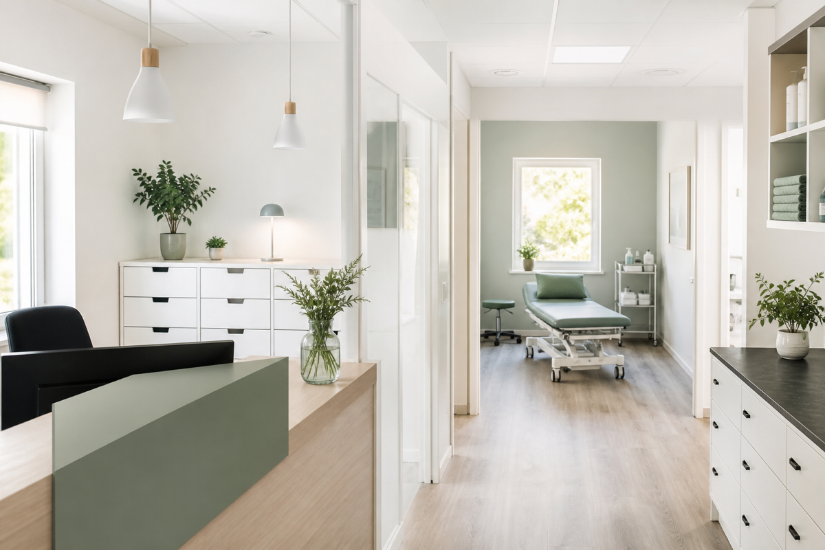 Funktionell klinikmottagning med möbler och tydliga arbetsflöden