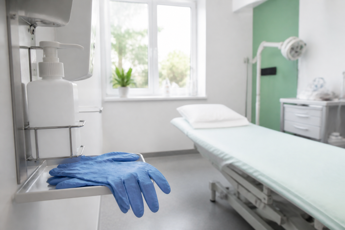 Närbild på blå engångshandskar vid en arbetsbädd, med handdesinfektion och klinisk utrustning intill