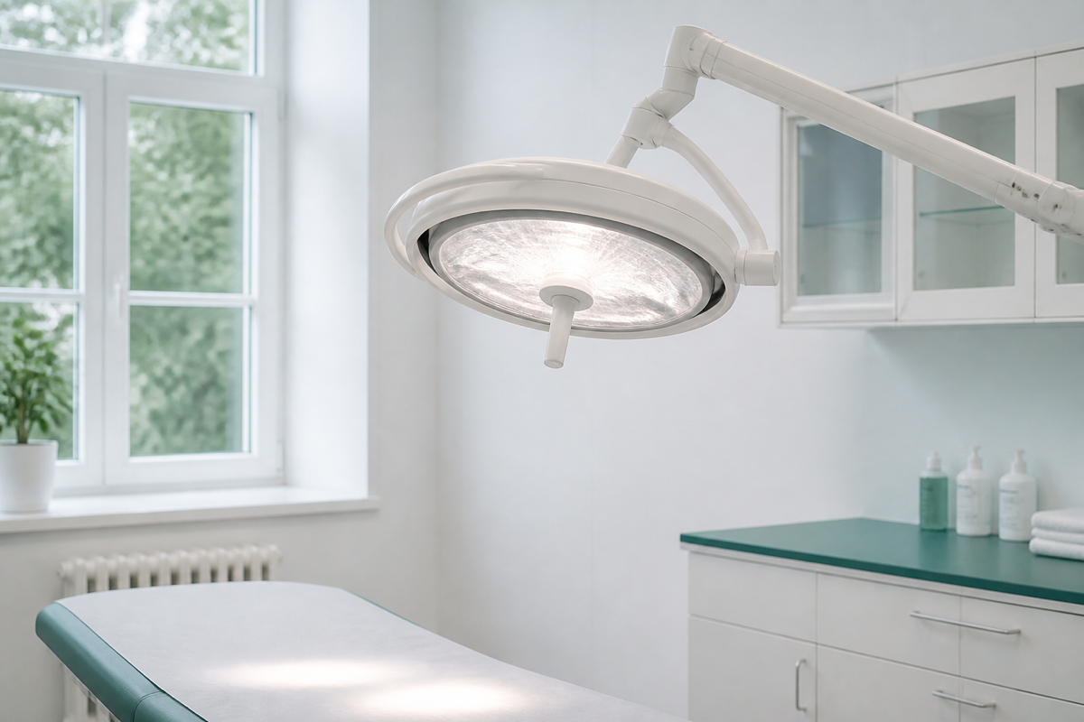 Operationsliknande ljusmiljö med en justerbar lampa riktad mot arbetsfältet