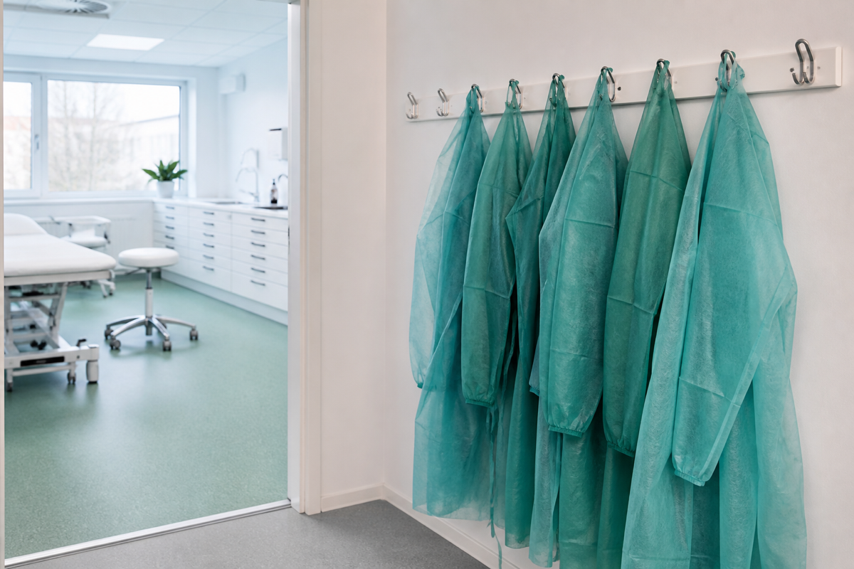 Skyddsrockar på hängare intill arbetsstationen i ett klinikrum, redo att tas på inför momentet