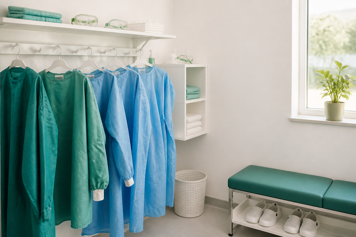 Klädupphängning med skyddsrockar och professionellt arbetsflöde i klinikmiljö