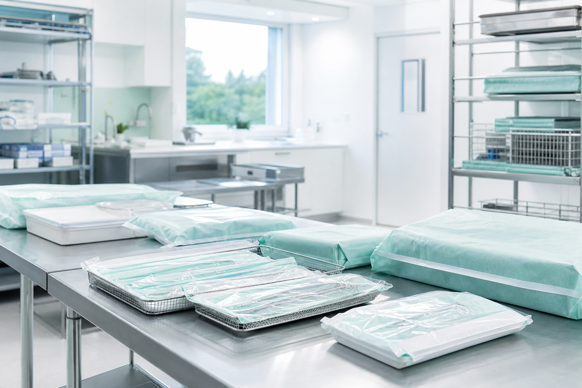 Steriliseringsyta på klinik med packade påsar och separerat förpackningsflöde