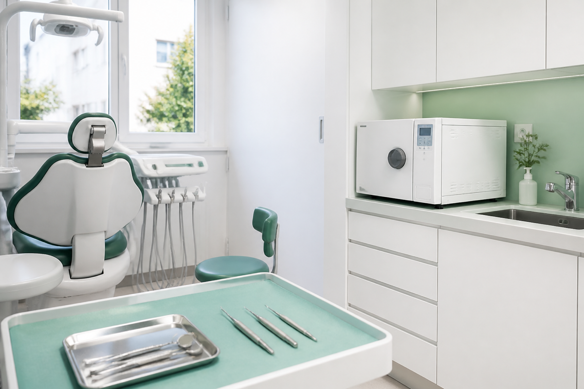 Tandvårdsrum med instrumentbord och neutral klinikmiljö